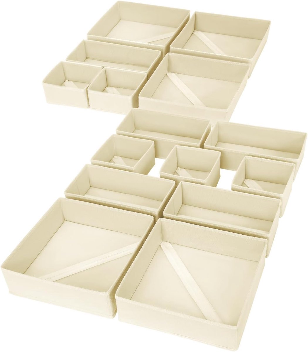 Lade-organizer voor kleding, 15 stuks stoffen ladeorganisatorbakken, opvouwbare sokkenorganizer voor lade, dressoir organizer voor kleding, sokken, beha, stropdas (beige)