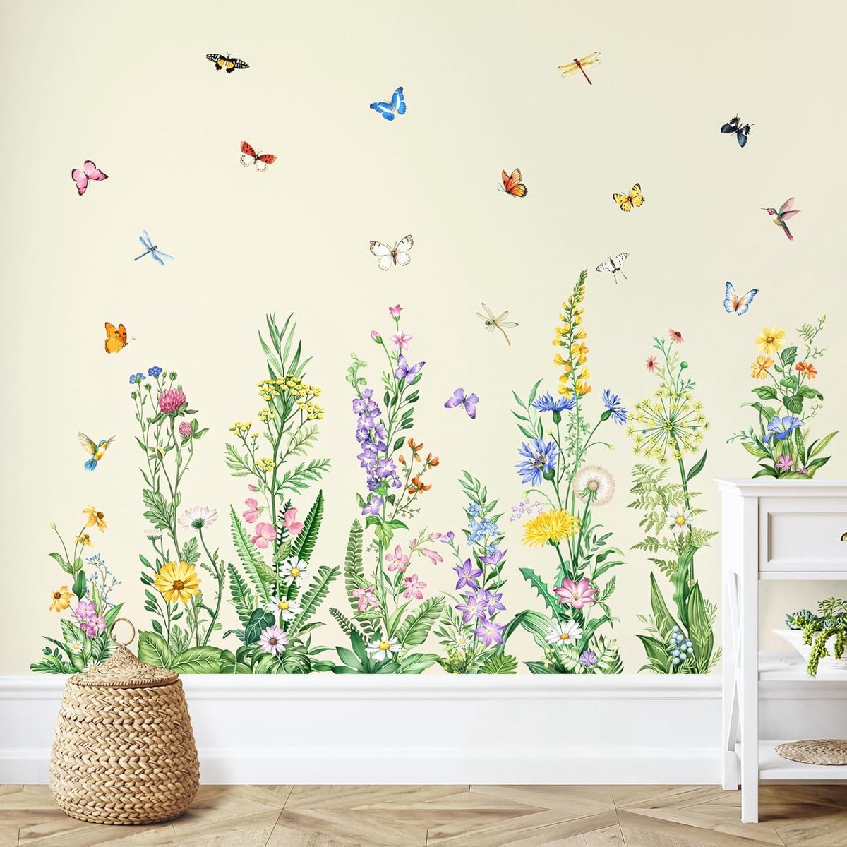 Muurstickers Bloemen Gras Wildflower Muurstickers met Vlinder Plant Peel en Stok Wall Art Decor voor Woonkamer Keuken Slaapkamer