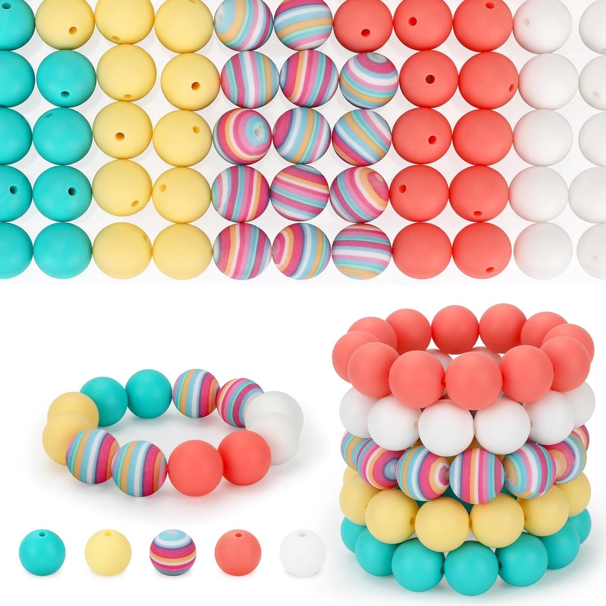 Kralen van 15 mm voor het maken van sleutelhangers, 5 kleuren grote ronde siliconen kralen voor armbanden, pennen, knutselen, het maken van sieraden (Regenboog)