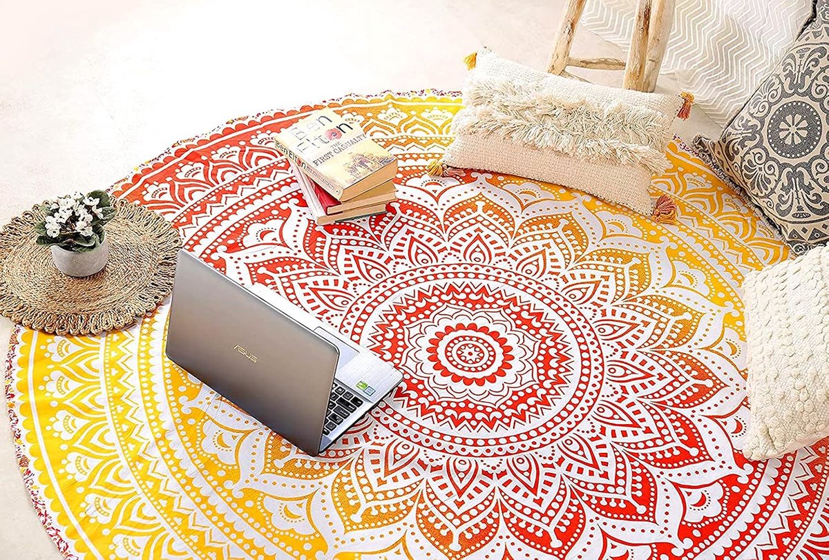 raajsee Oranje rond strandtapijt, hippie/boho stranddeken mandala/Indiaas katoenen plaid - rond tafelkleed/huisdecoratie/indie-tapijt, yogamat, meditatie, picknicktapijten, 127 cm/50 inch cirkel