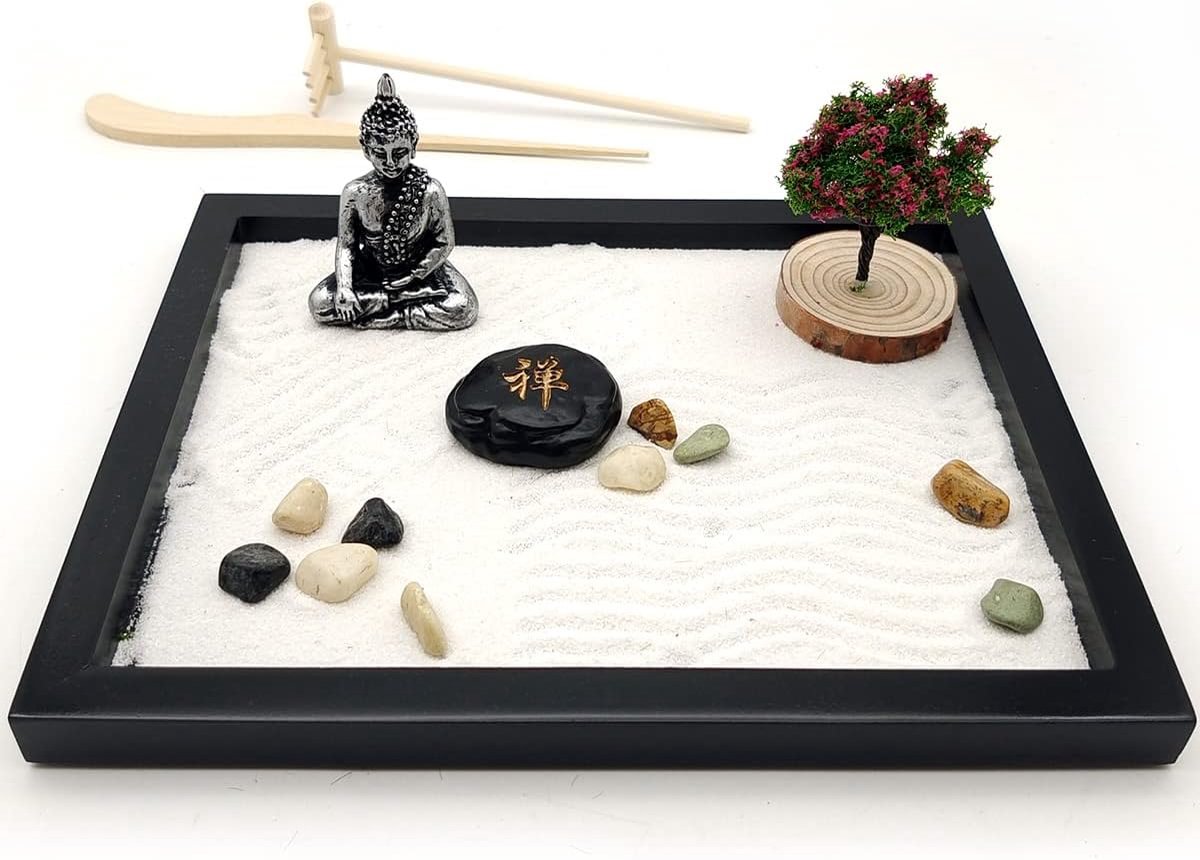 Zen Zand Tuinset, Mini Zen Tuinset, Mini Tafel Japanse Zen Gift met Stons, Meditatie Geschenkset voor Thuis & Kantoor Bureauaccessoires