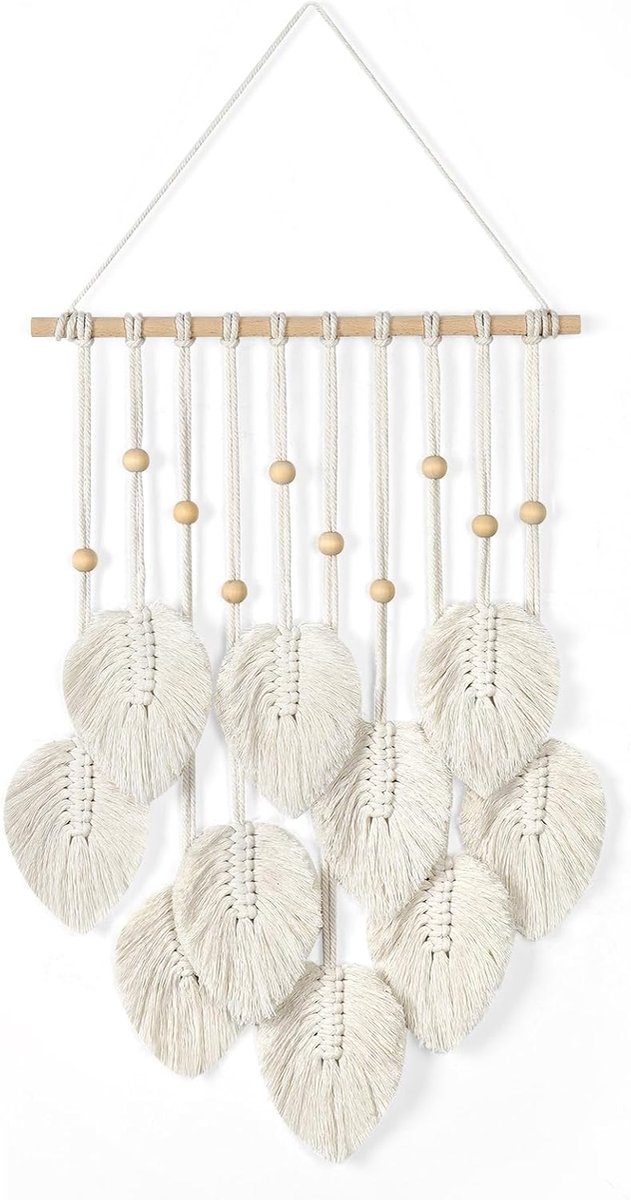 Macramé Wandtapijt Boho Wanddecor Macramé Tapijt Handgemaakt Geweven Bladeren Wandtapijt Wandkunst Decor Chique Huisdecoratie voor Kinderkamer Slaapkamer Woonkamer (Beige)