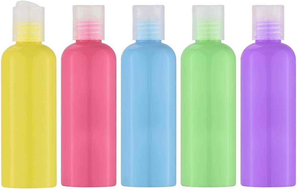 5 Stuks Reisflesjes 100 ml, Navulbare Lege Flesjes met Etiketten, Transparante Reisflessen voor Shampoo, Douchegel, Lotion, Toilettas, Handbagage, Sport en Camping Veelkleurig
