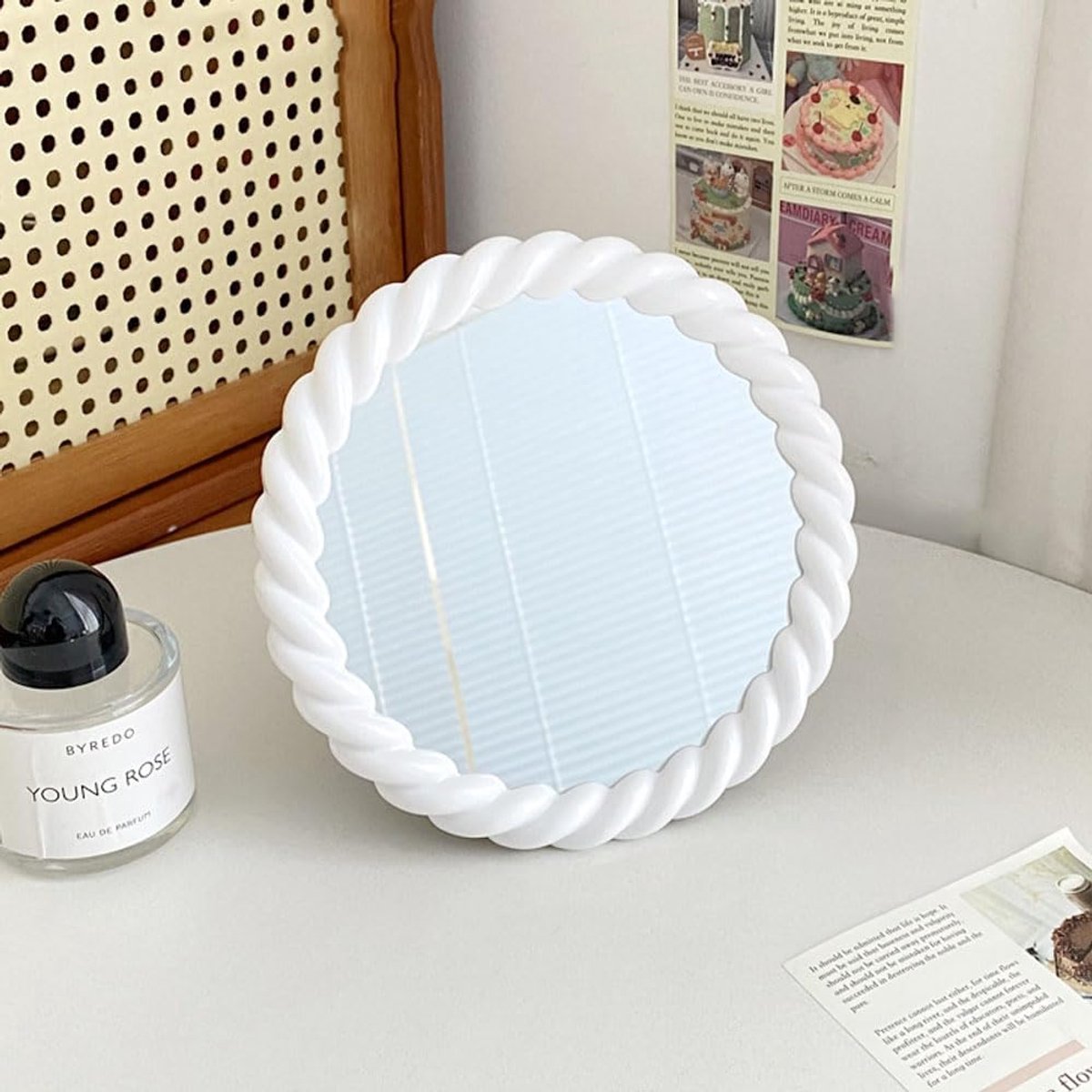 Bureauspiegel met standaard, aanrecht, make-upspiegel, make-upspiegel, make-upspiegel, cosmetische spiegel, decoratieve spiegel voor slaapkamer, badkamer (wit, rond)