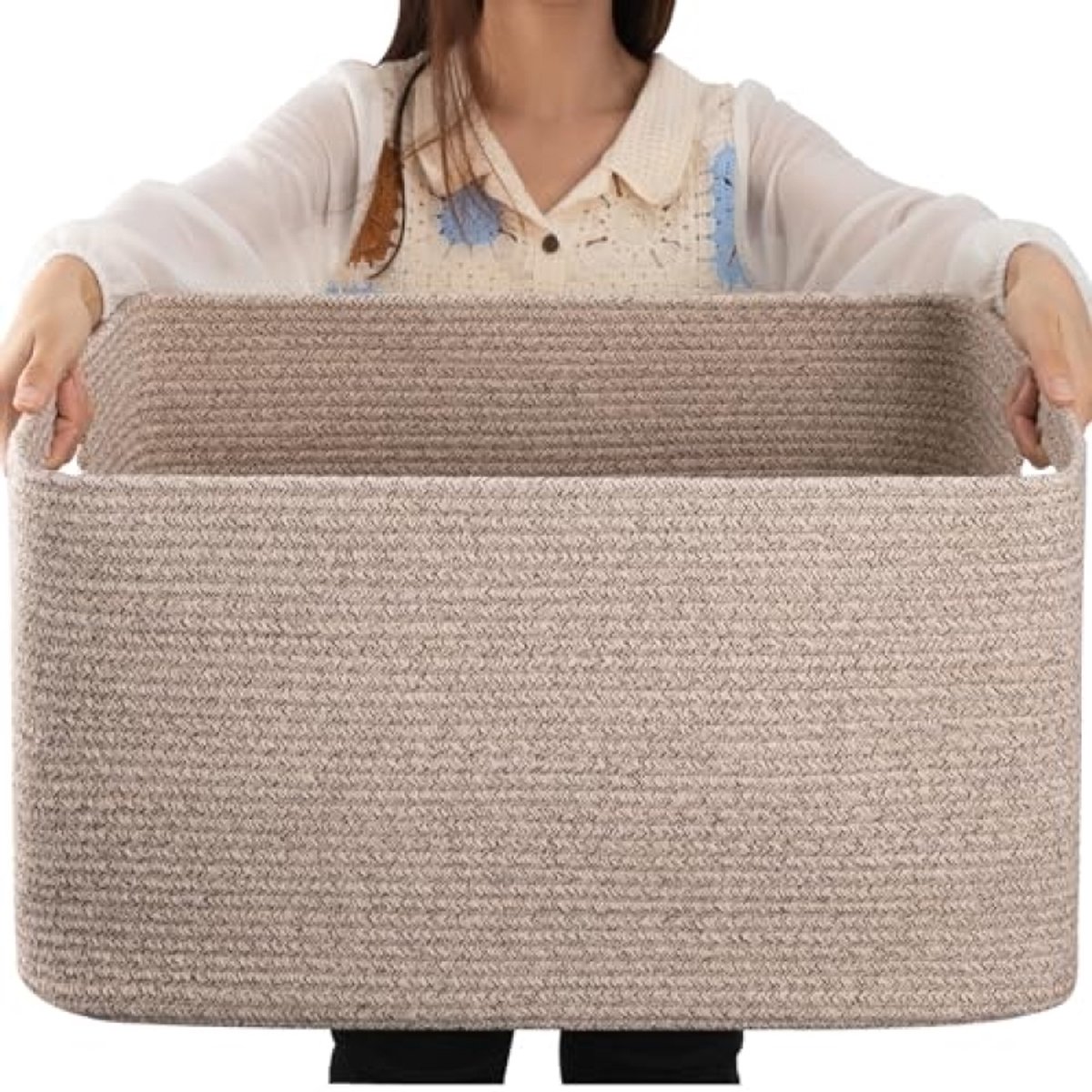 Huis Geluk Grote opbergmand 75 liter, katoenen touw, 56 x 43 x 30,5 cm, handgrepen, bruin gemêleerd
