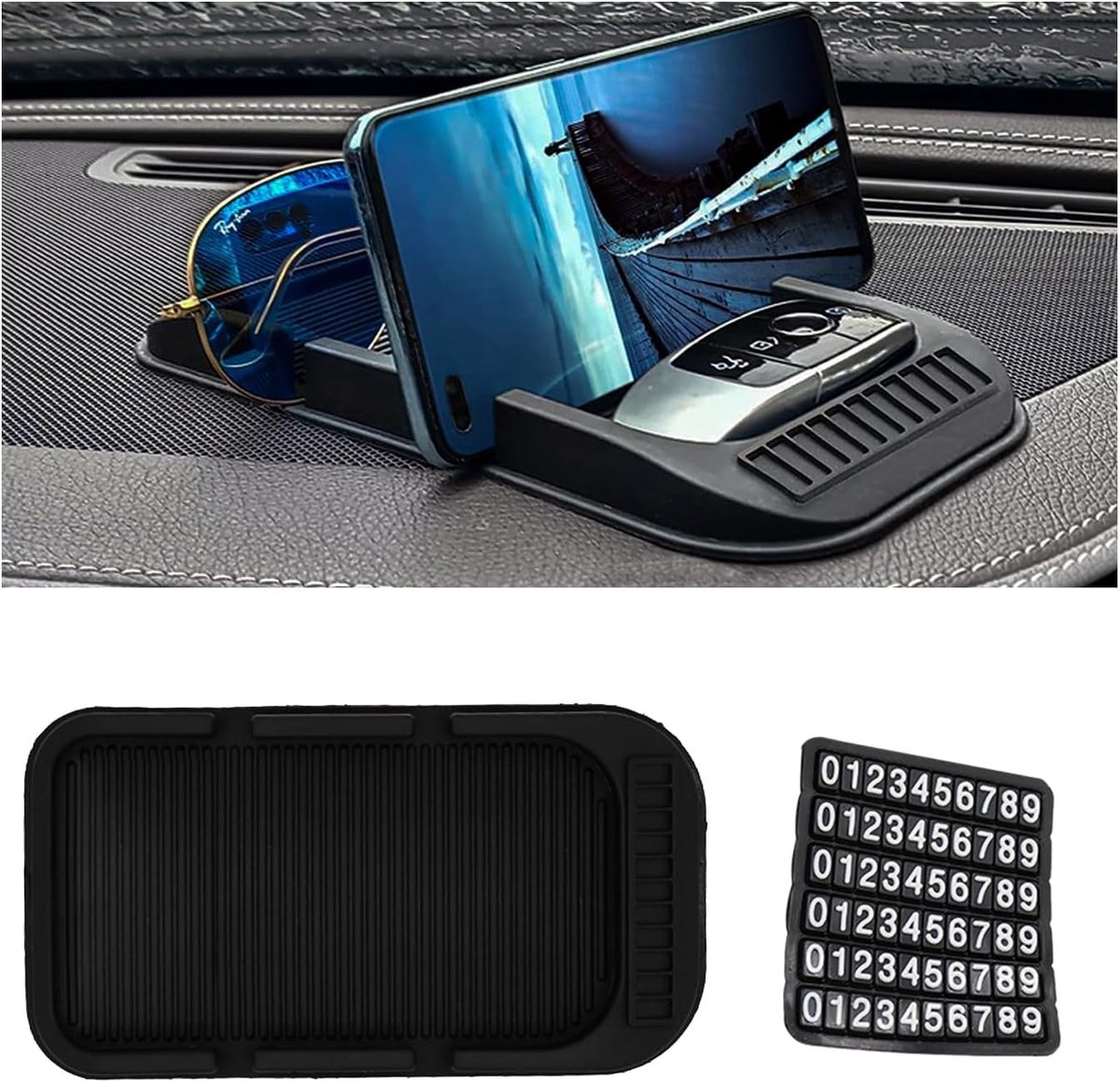 telefoonhouder, antislip dubbele groef automatische mobiele telefoonmat met nummerplaat, universele voertuigtelefoonhouder voor alle smartphones, GPS-apparaten en meer (zwart)