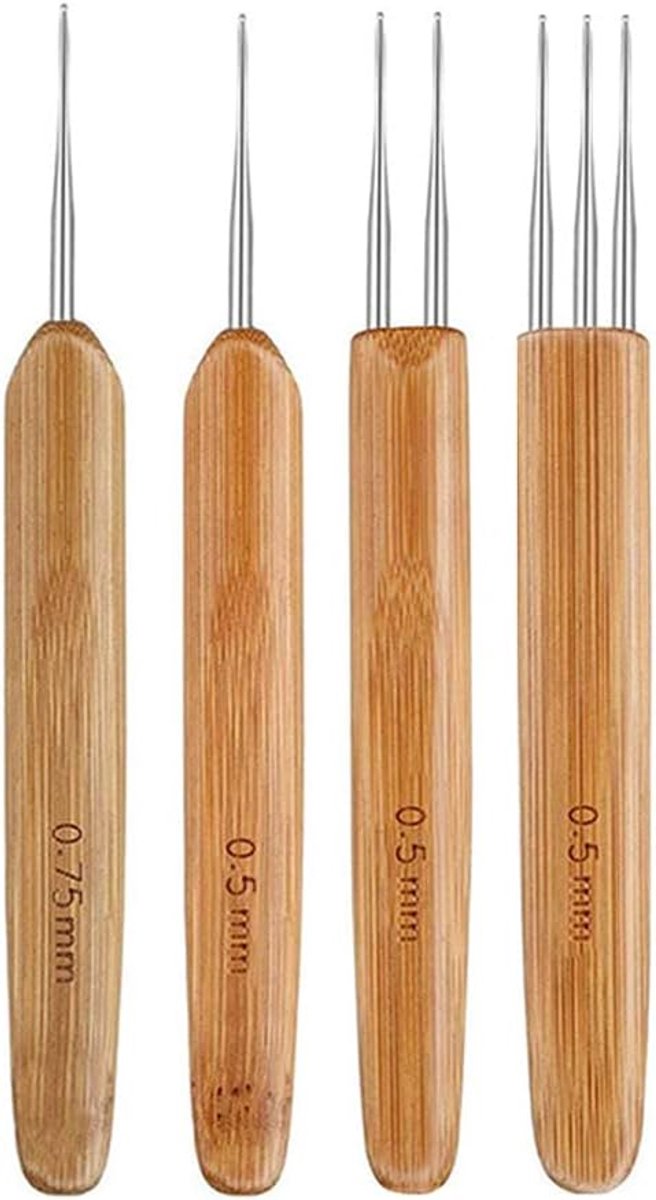 4 Stuks Dreadlock Hook Tool,Bamboe Handvat Haar Haaknaald,Dreadlock Haaknaald,Haaknaald voor Braid Craft (0.5mm + 0.75mm)