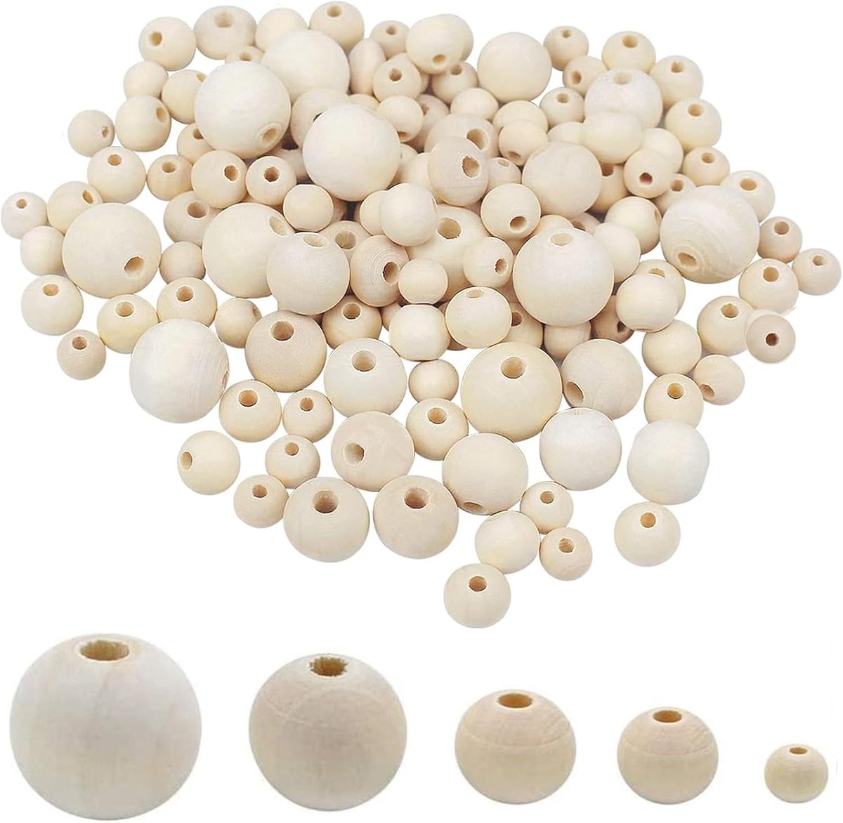 Kralen, houten ballen met gat, natuurlijke ronde houten kralen, houten kralen, voor doe-het-zelf sieraden, thuis en op vakantie, decoratie (5 maten: 8 mm/12 mm/16 mm/20 mm/25 mm)