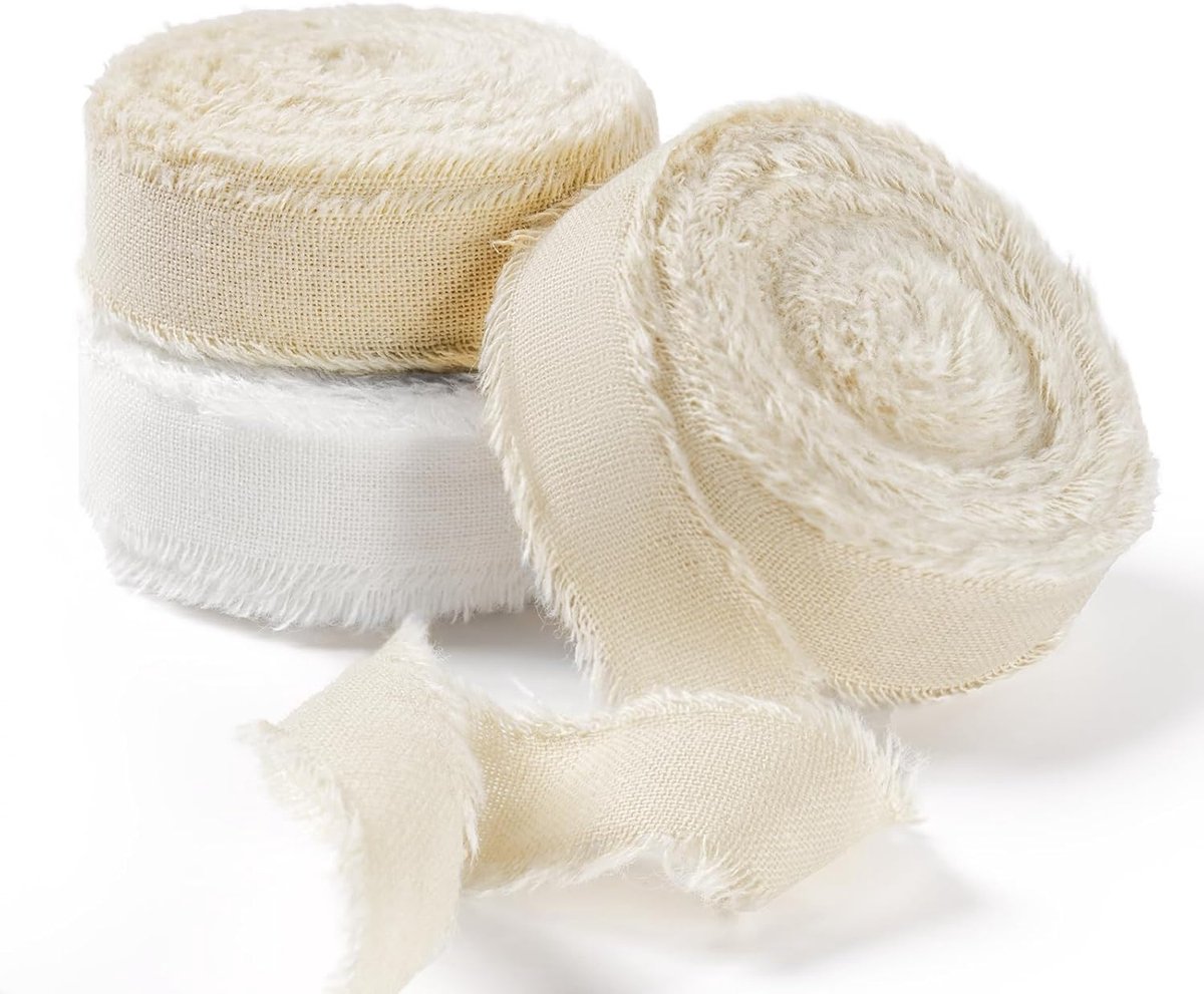 rustiek katoenen lint met gerafelde rand, 100% katoenen lint 1,6 cm x 14,6 m voor vintage bruidsboeketten, uitnodigingen, babyshower, geschenkverpakking, doe-het-zelf ambachten