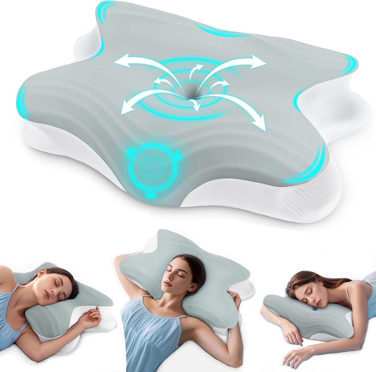 2-in-1Nekkussen Memory Foam Kussen, Hoofdkussen, Traagschuim Hoofdkussen, Bedkussen voor Rug-, Zij- En Buikslapers met Afneembare Overtrek 62cm x 42cm x 10,5/8,5cm Grijs