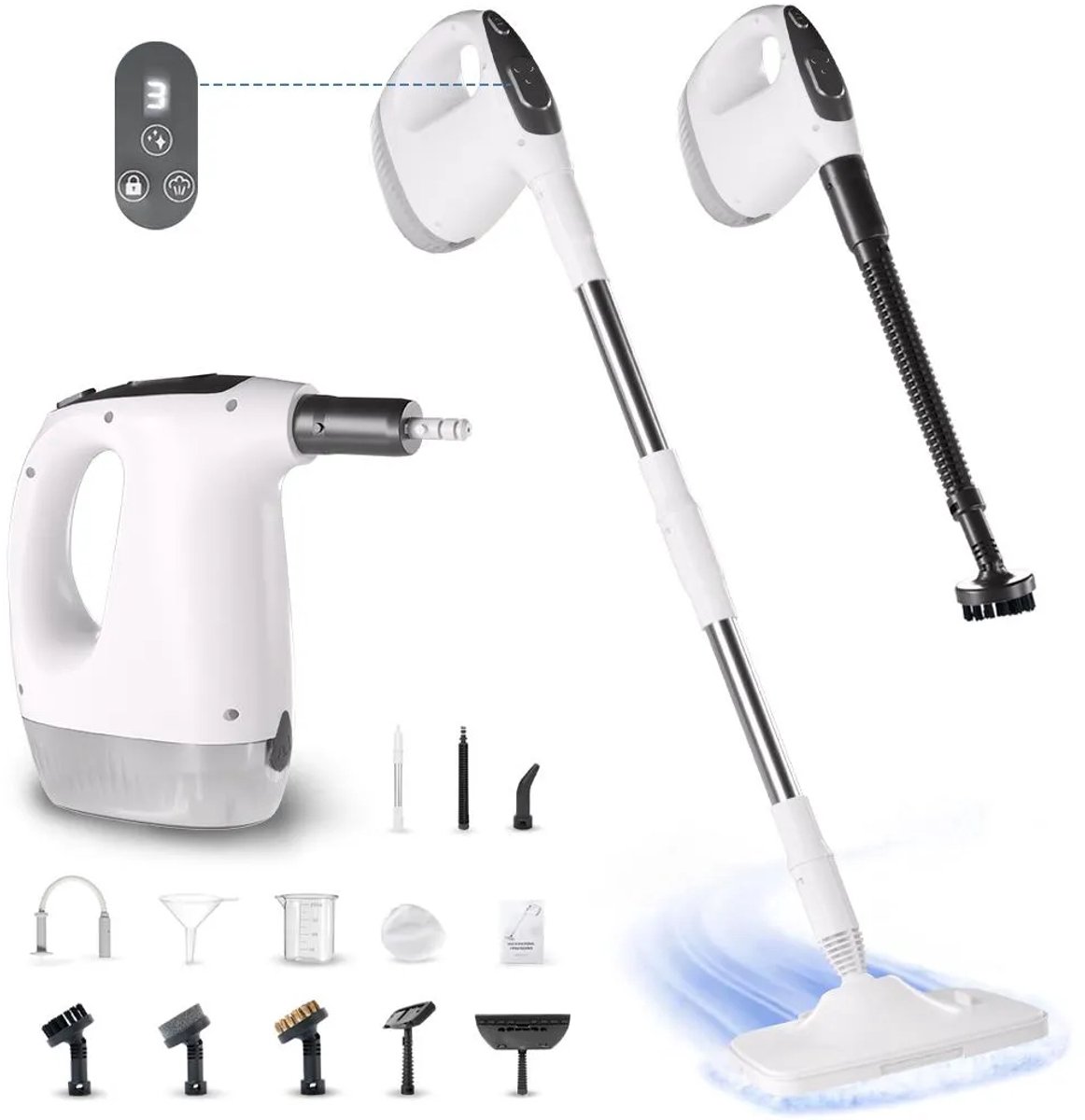2-in-1 Stoomreiniger & Handstomer - 1200W Stoommop - 3 Standen - 500 ml - 3,5 Bar - Voor Vloer, Bank en Badkamer - 14 Accessoires