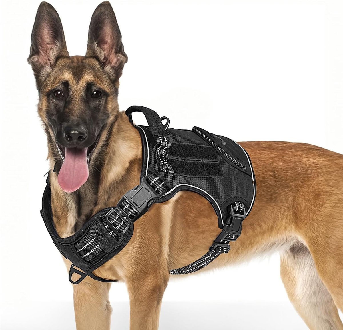 Hondentuig voor grote honden, anti-trek hondenharnas met handvat, zacht gevoerd, anti-trek borstharnas, tactisch hondenharnas, ontsnappingsbestendig met metalen gespen (XL, zwart)