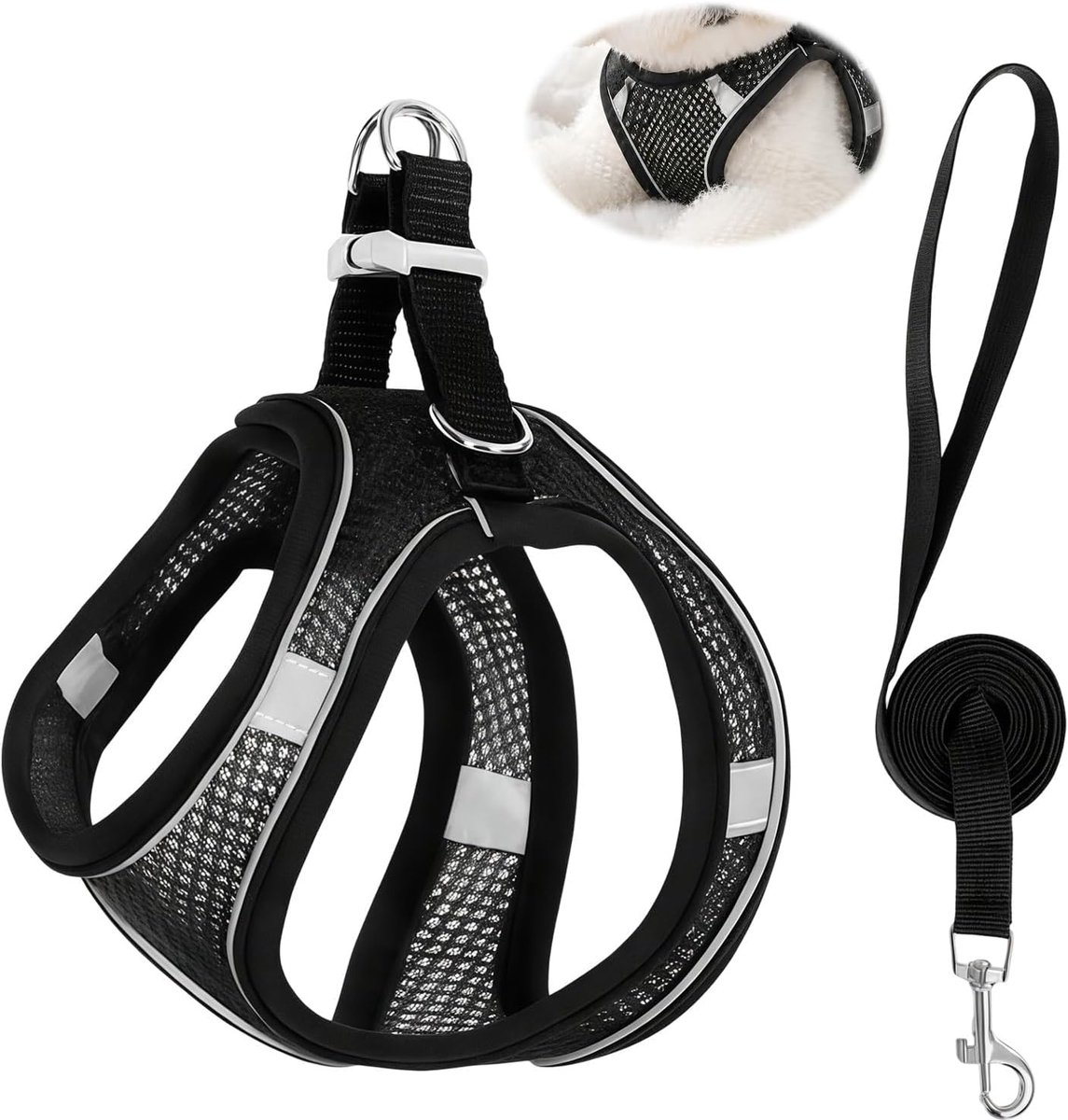 Harnas voor kleine honden en puppy's, XS, zacht mesh, ademend, eenvoudige instap met klittenbandsluiting en gesp, reflecterende strepen voor nachtelijke wandelingen, zwart