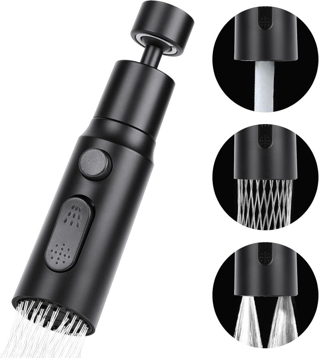 Kraanbeluchter, 3 modi, voor keuken en badkamer, waterkraan, bubbelfilter, met adapters , 360 graden draaibaar, multifunctionele waterbesparing, voor keuken/badkamer, zwart