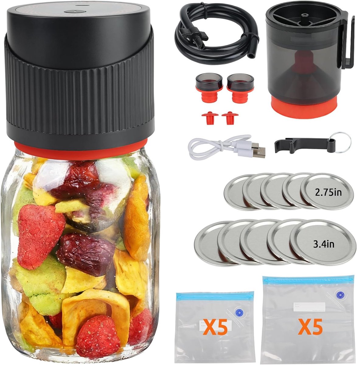 vacuümverpakker voor glazen, 4-in-1 Mason Jar vacuümmachine voor inmaakpotten met automatische stop en led-display, 1200 mAh accu, incl. sluitingen, zakken, wijnpompen en accessoires