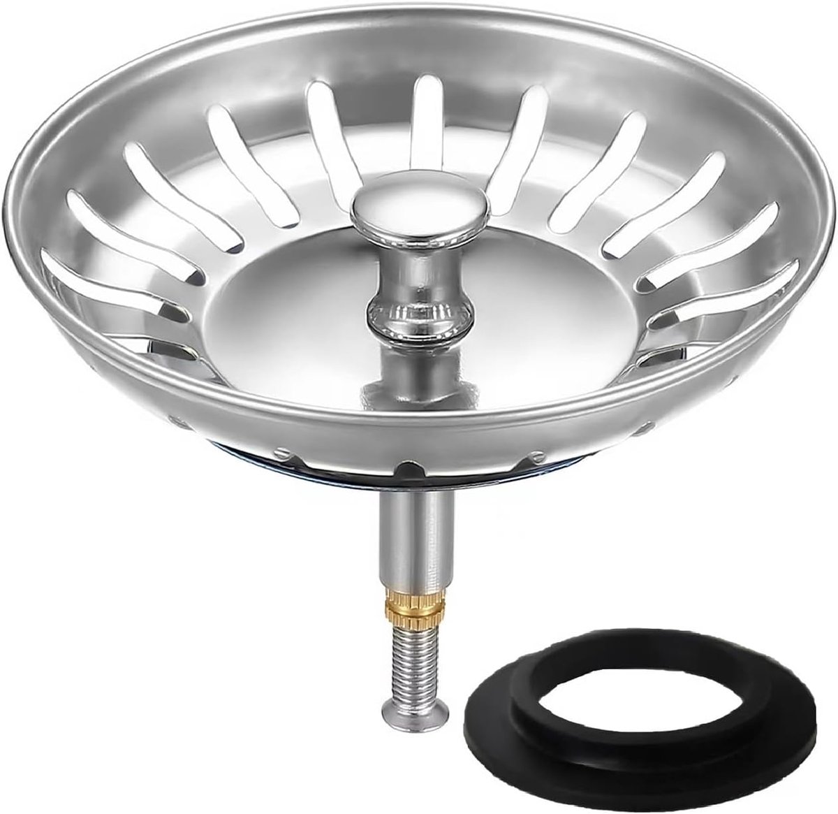 Afvoerstop voor gootsteen met zeef Ø 81/82 mm, spoelbakstop voor knopbediening, zeefmandje - afvoerzeef gootsteen keuken, voor afvoer vanaf 82 mm, 2 reservezeefpakkingen