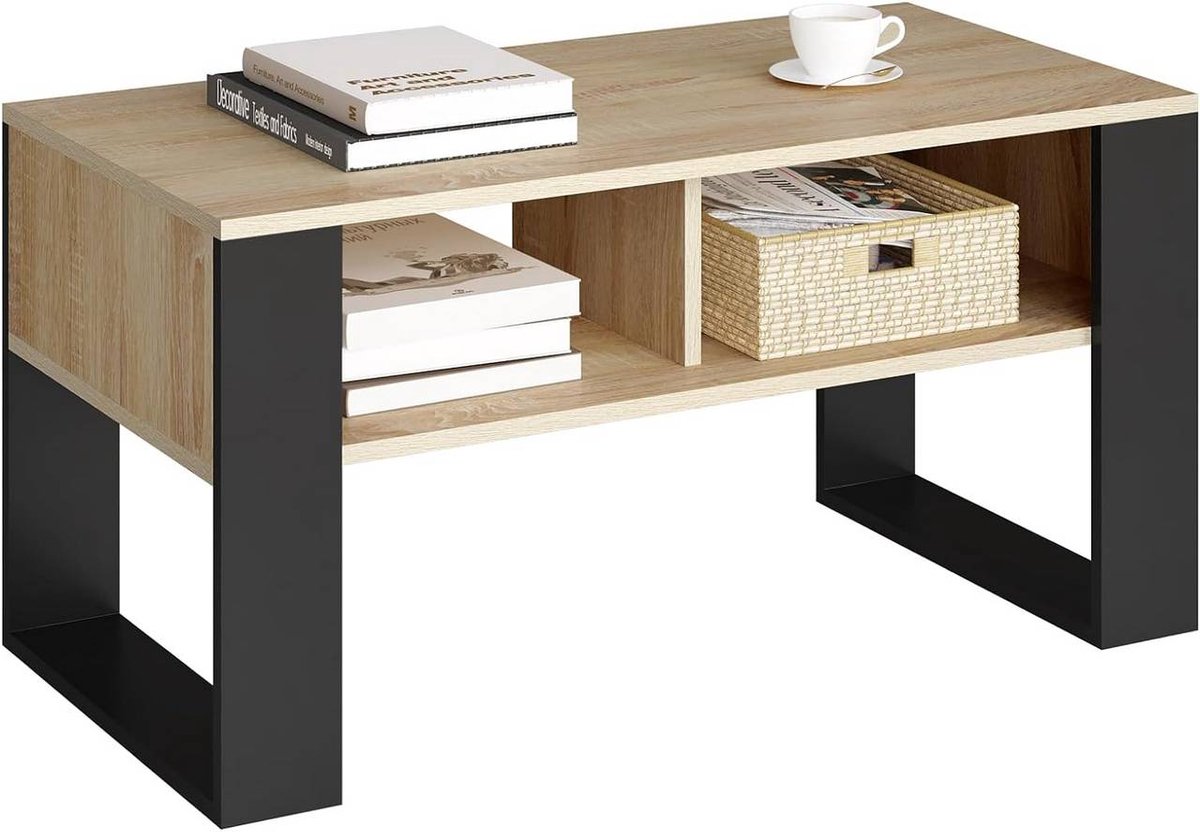 SureDeal® - salontafel - Moderne bijzettafel - Rechthoekig - Open vakken - 90x45x45 cm - Zwart