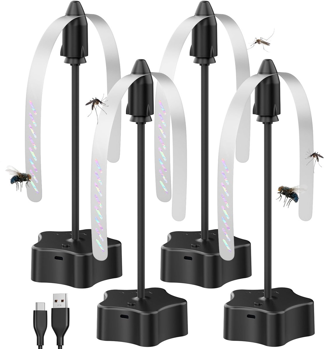 SnelShoppen - 4 stuks oplaadbare tafelvliegenventilator met USB-kabel, draagbaar, effectieve insectenafschrikking tegen vliegen en muggen voor terras,