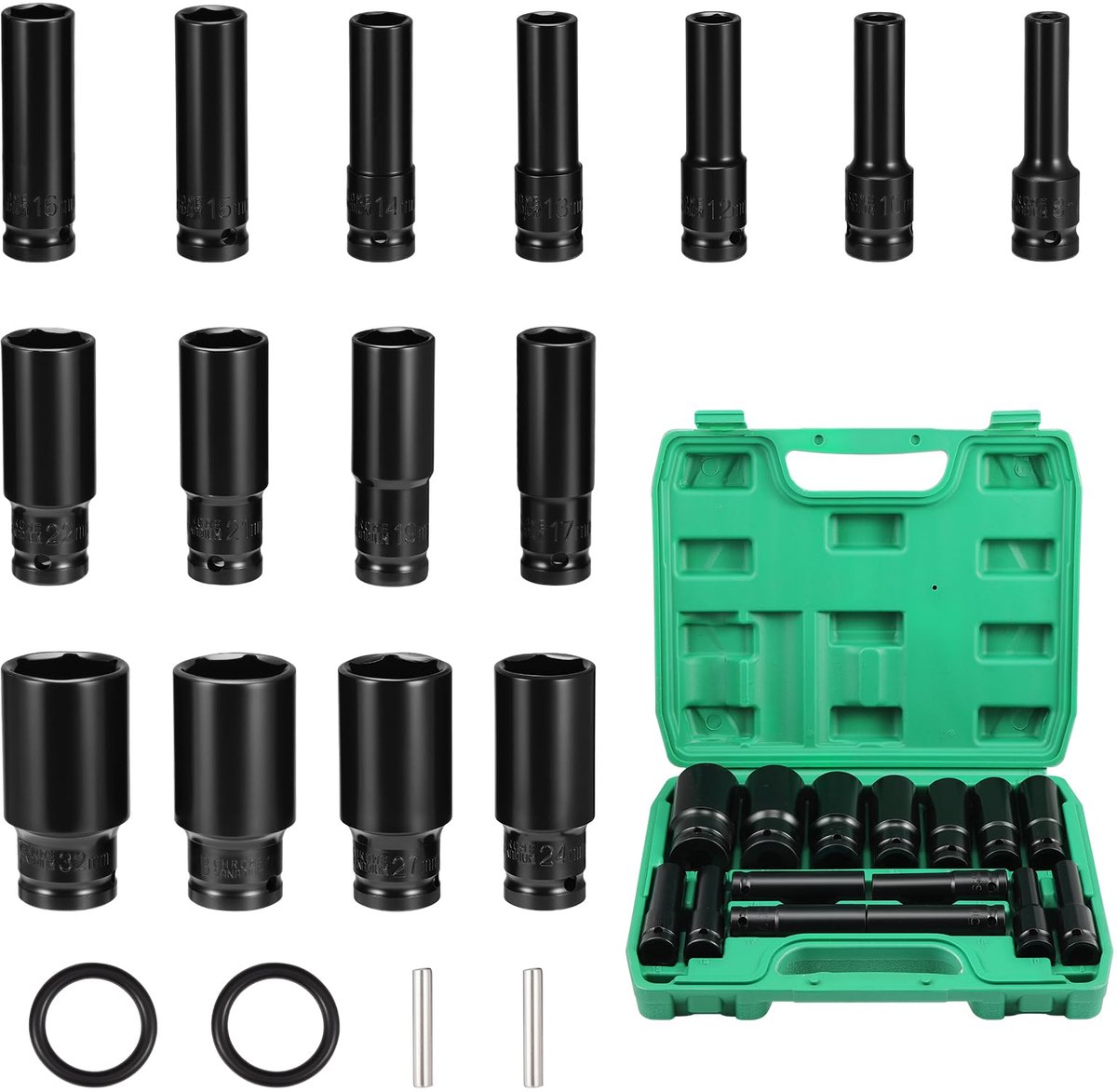 15 stuks slagmoerenset, 1/2 inch zeskantige dopsleutel, slagmoersleutel, 8-32 mm, steeksleutelset voor autoreparaties om banden te verwisselen
