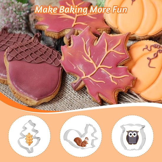 10 stuks uitsteekvormen herfstset, oogstfeest, koekjessnijders, pompoen, herfst, doe-het-zelf koekjessnijders, roestvrij stalen uitstekers voor esdoornblad, eekhoorntjes, koekjes bakken — afbeelding 3
