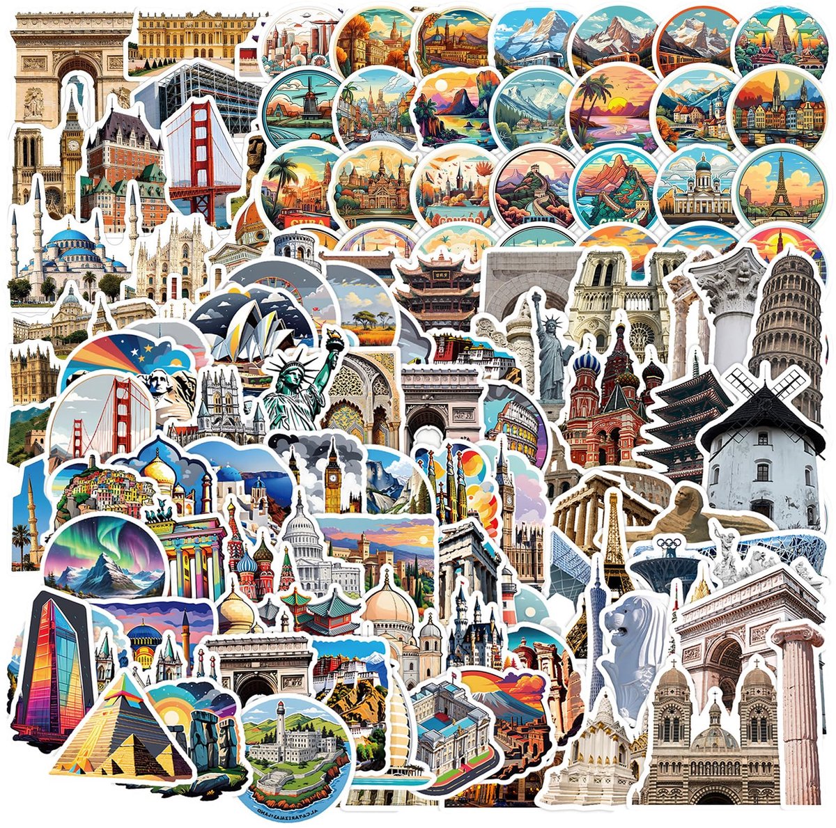 Kofferstickers, wereldreizen, vintage stickers, wereldwijde bezienswaardigheden, land en stad, symbolen, waterdichte etiketten voor laptop, fiets, motorfiets, helm, auto, retro
