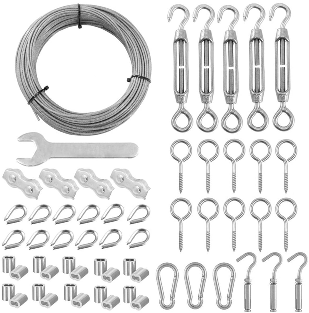 Gecoate roestvrijstalen draadkabel kit, M5 spanschroef draadspanner kit, hek draad roll kit, kabelreling kit, wijnstok ogen voor klimplanten fotolijsten draad opknoping