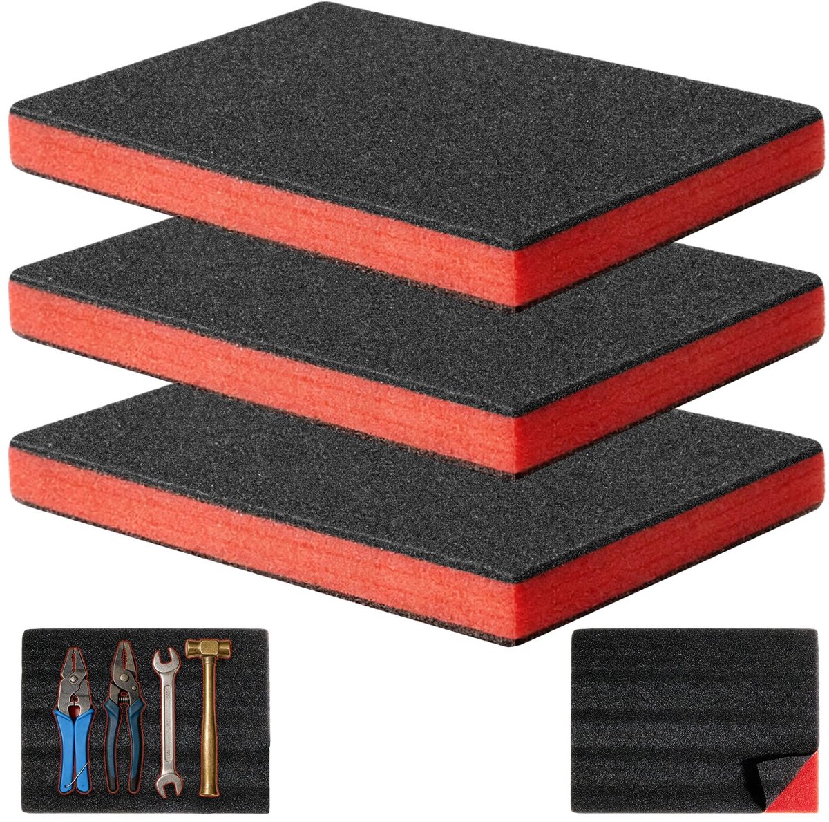 3 stuks schuimrubber op maat gesneden, gereedschapskist, schuim, polyethyleenschuim, schuimrubberen inleg, stootvast beschermend gereedschap, 40 x 30 x 2,5 cm, zwart/rood