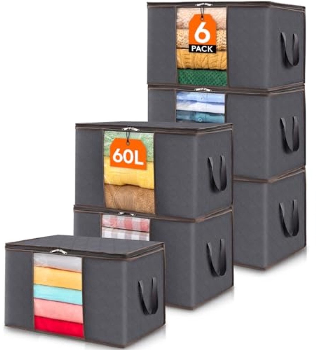 Opbergtas Kleding Set van 6 - Grote Opvouwbare Opbergbox 60L met Deksel - Grijs - Huis Geluk