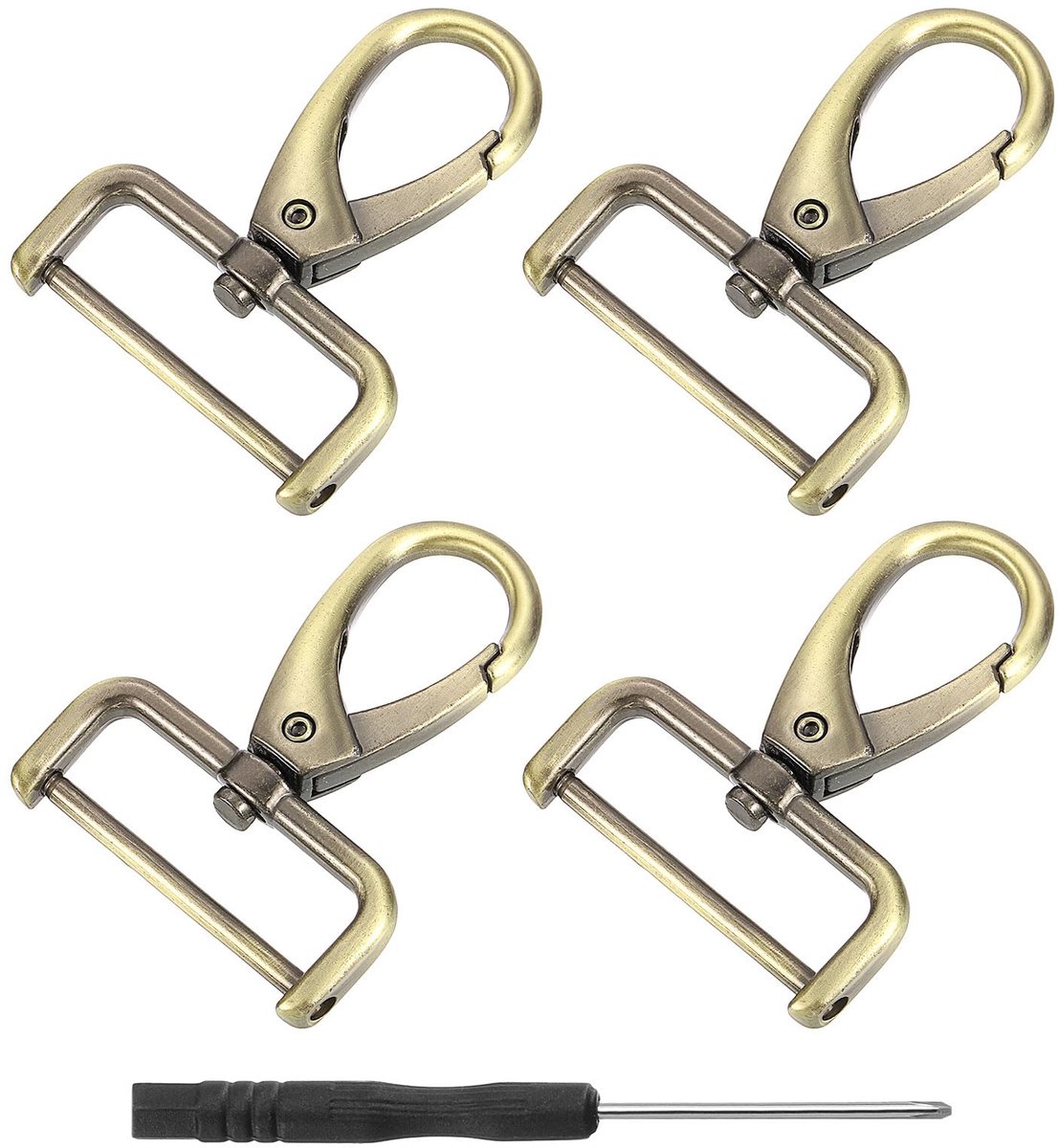 4 stuks draaibare karabijnhaken, 38 mm (1,5 inch), D-ring, afneembare klikhaak, metalen karabijnhaak met schroevendraaier, voor portemonnee, sleutelhanger, doe-het-zelf handwerk, brons