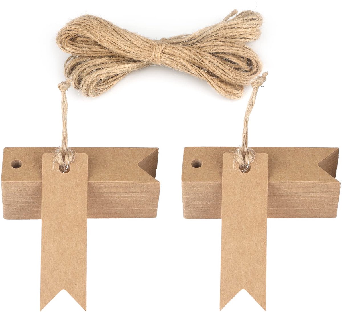 Cadeaulabels, kraftpapier, kleine etiketten, 7 x 2 cm, 100 stuks en jute koord, voor handwerk, bruiloft, Kerstmis, geschenkverpakking (bruin)