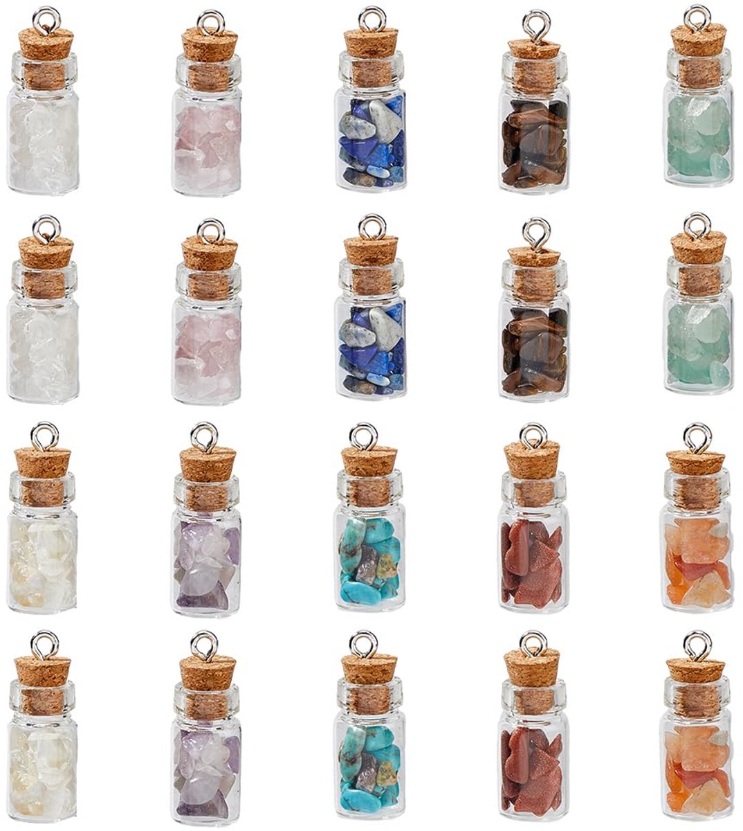 40 stuks 10 kleuren mini glazen flessenhangers met natuurlijke chips kleurrijke kristalstenen bedels heldere flessen edelstenen bedels met platina gekleurde ijzeren lussen