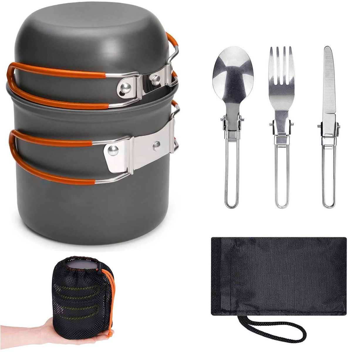 Campingkookgereiset, aluminium campingpan, outdoor kookgerei met opvouwbaar bestek, campingservies voor 2 personen, campingservies voor wandelen, vissen, picknick, FDA-gecertificeerd
