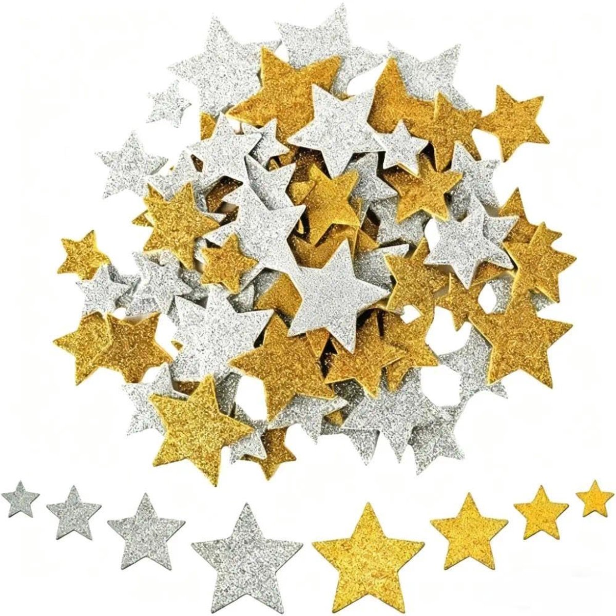 200 stuks glitter sterstickers, goud en zilver schuimsterren in diverse maten, zelfklevend decoratiemateriaal voor knutselen, plakboeken, feest- en kerstversiering