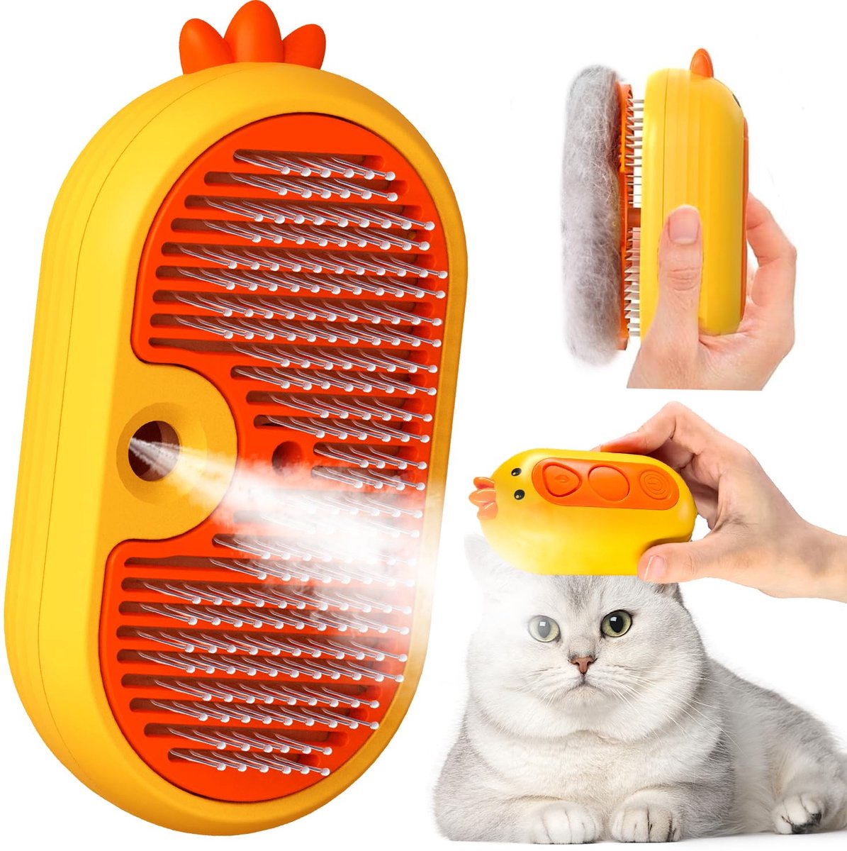 Stoomborstel voor katten, om af te werpen, huisdierstoomborstel voor langharige katten, honden, kattenborstel met waterreservoir en ontgrendelingsknop voor het verzorgen van huisdieren (Geel)