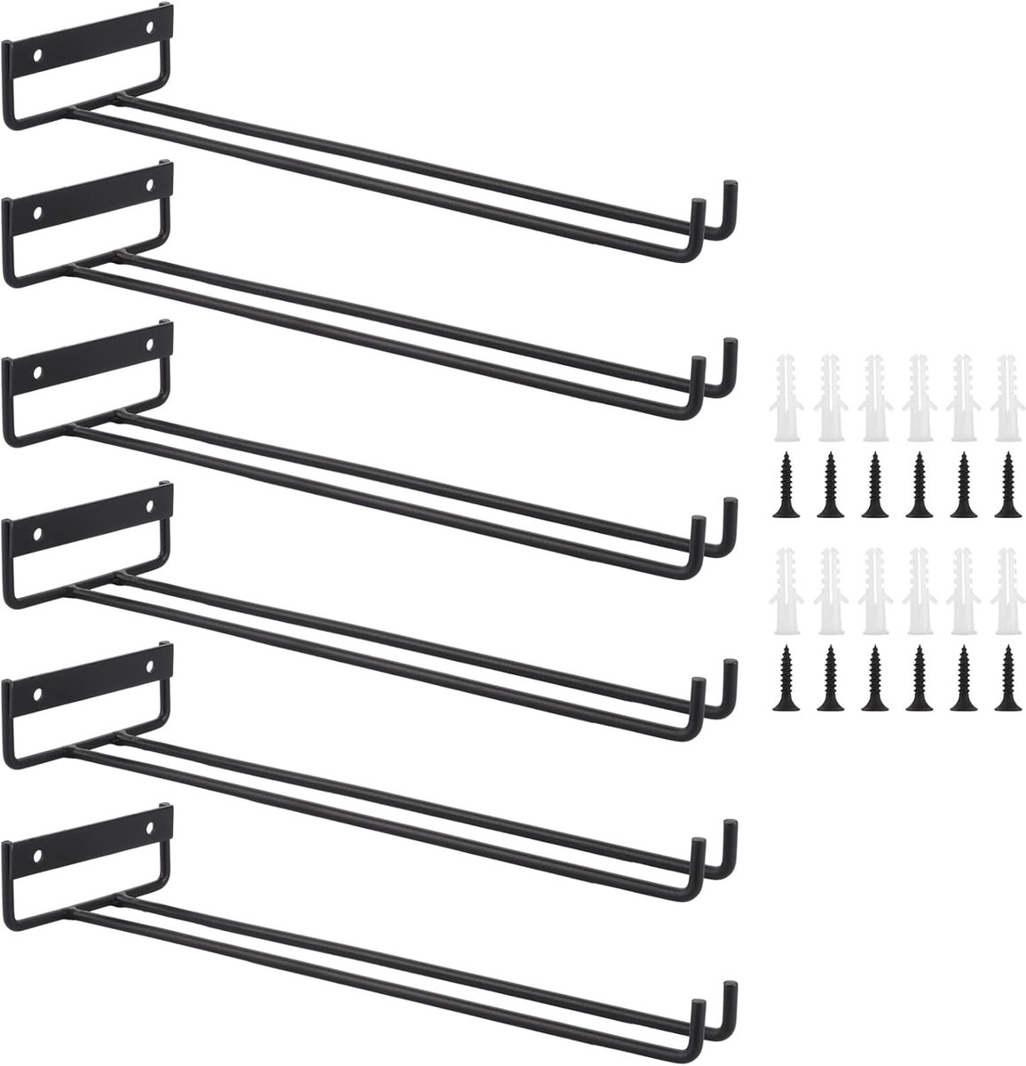 SnelShoppen - 6 Stuks Hangende Glazenhouders van Metaal - Zwarte Wijnglashouders - 30 x 10 cm - Ideaal voor Keuken, Bar, Restaurant en Feestelijke Gel