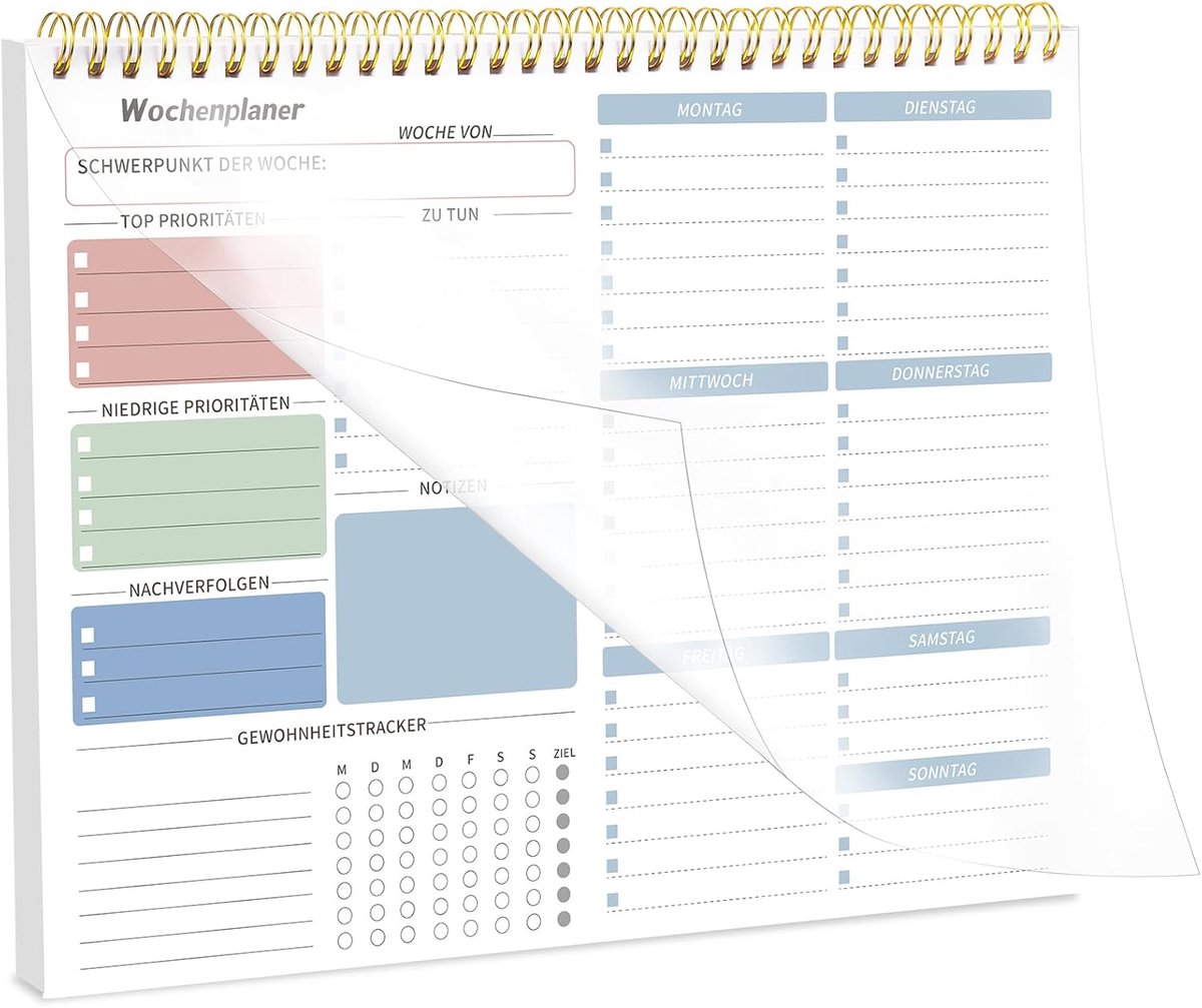 SnelShoppen - Weekplanner Blok 28x22 cm Spiraalgebonden To Do Lijst, 52 Vellen Ongedateerd met Habit Tracker, Blauw - Perfect voor Studie en Werk