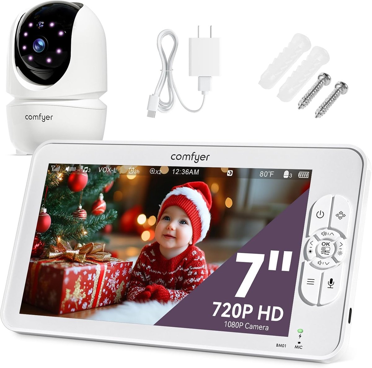 SnelShoppen - Babyfoon met 1080p Camera, 7 Inch Scherm, 720P HD Video, Babymonitor Zonder Wifi, 6000 mAh, IR Nachtzicht, Groothoeklens, 2-Weg Audio, 3