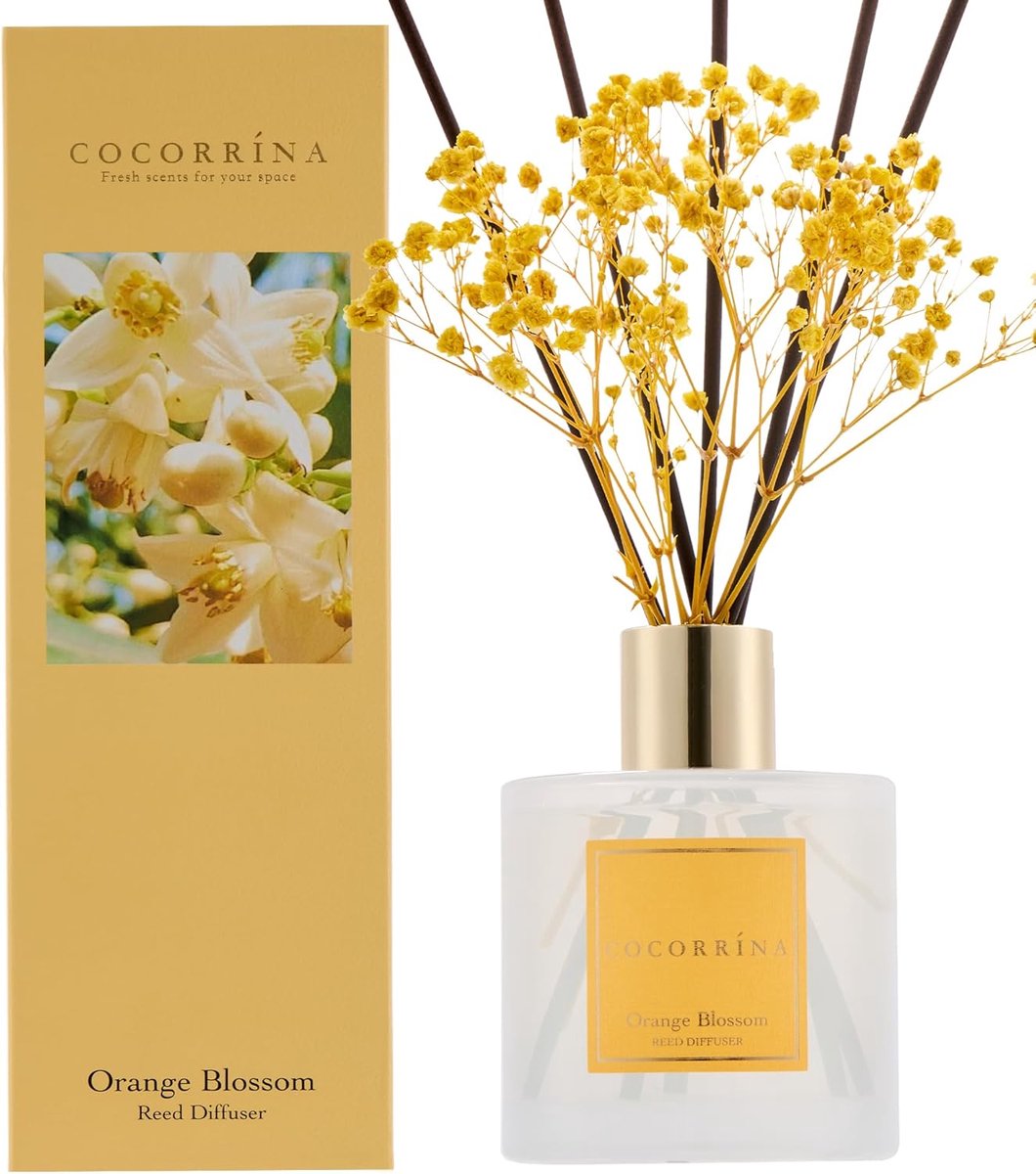 SnelShoppen - COCORRÍNA Rietdiffuser Orange Blossom 200 ml met 8 Geurstokjes - Luxe Luchtverfrisser voor Badkamer en Woondecoratie - Ideaal voor Thuis