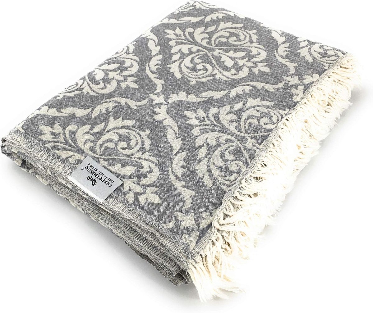 SnelShoppen - Carenesse Sprei Barokmotief Grijs 150x200 cm - Hoogwaardig Dubbelzijdig Katoen met Korte Franjes - Perfect voor Woonkamer, Slaapkamer, B