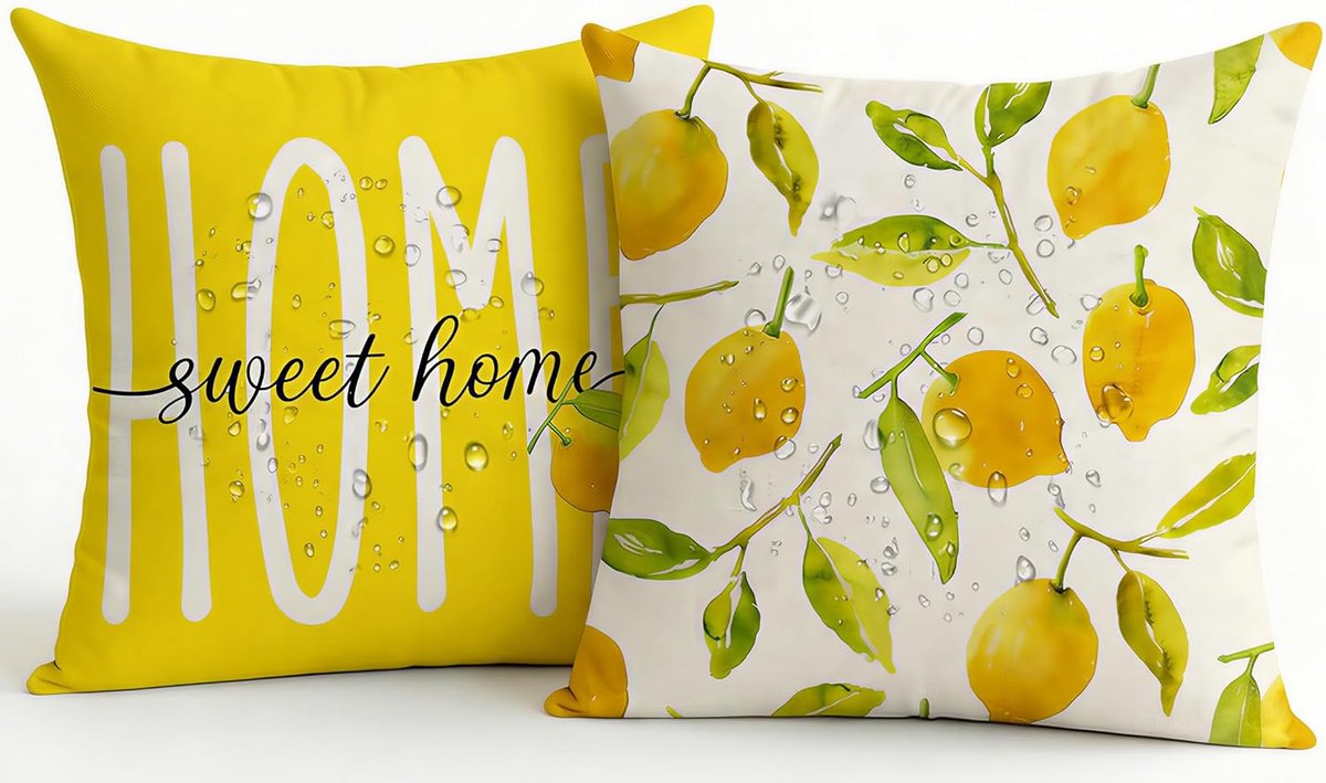 SnelShoppen - Set van 2 Waterdichte Kussenhoezen voor Buiten 50x50 cm - Gele Citroen Design Tuinkussens - Dubbelzijdig Patroon - Linnen-Polyester - Mo