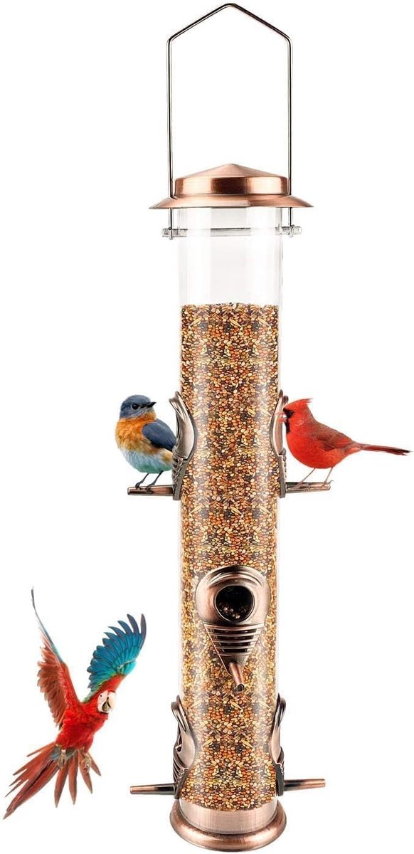 SnelShoppen - Metalen buis vogelvoederbak voor buiten, antiek koper, 6 poorten, eekhoornbestendig, hangende vogelvoeder voor tuin, balkon, gazon, lang
