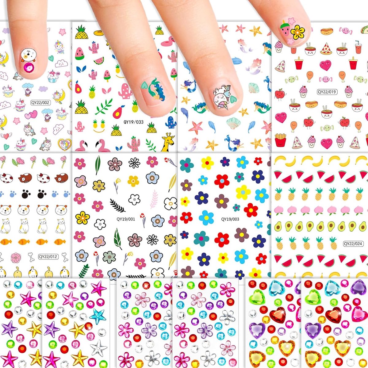 SnelShoppen - Kinder Nagelstickers Set met Mini Gezichtssteentjes - Schattige Nageldecoraties voor Meisjes - Feest, Verjaardag, Eenhoorns, Dieren, Blo