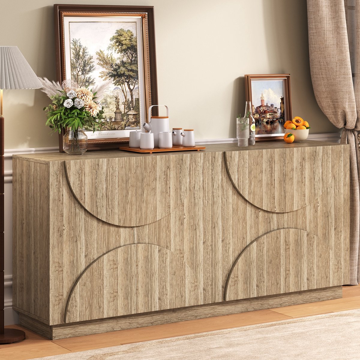 Wishdor - Dressoir - 160 cm opbergkast met planken en deuren - Scandinavische stijl - woon- en eetkamer - houtlook - naturel - 160 x 40 x 80 cm