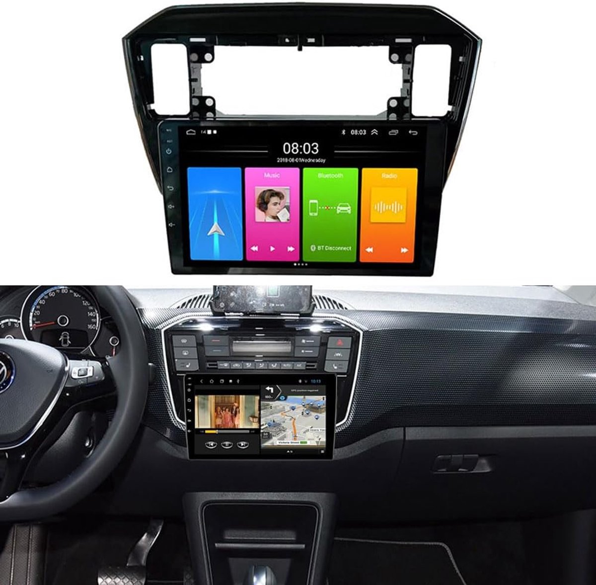 SnelShoppen - Android Auto Radio met GPS Navigatie, Carplay, 1080P Touchscreen, HD Achteruitrijcamera, Voor VW UP! 121 122 123 Citigo e-Citigo