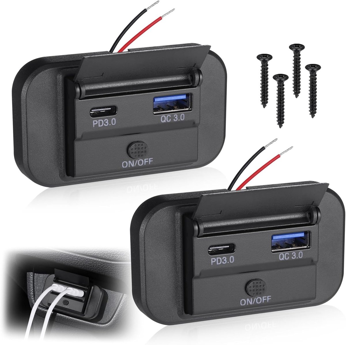 SnelShoppen - Dual USB Auto Lader Socket met Schakelaar, 55W PD USB C & 36W QC3.0 Snellader, Type C Aansluitingen voor Boot, SUV, Caravan, Motorhome -