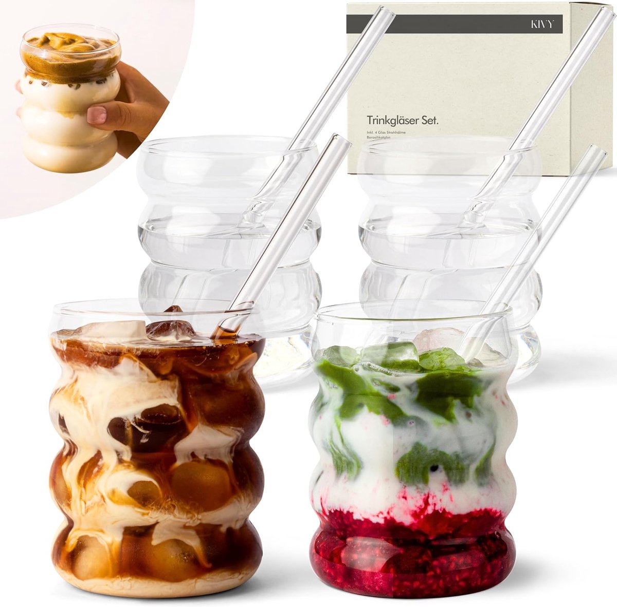 SnelShoppen - Bubble Glazen Set 4x350ml met Glazen Rietjes - Perfect voor Iced Coffee, Water, Cocktails - Robuust Borosilicaatglas - Geschikt voor Afw