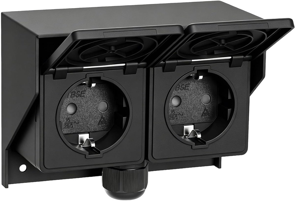 SnelShoppen - Waterdichte Wandcontactdoos Dubbel Stopcontact Buiten IP44 met Inklapbaar Deksel - Tuin, Terras, Vochtige Ruimtes, Garages, Balkon
