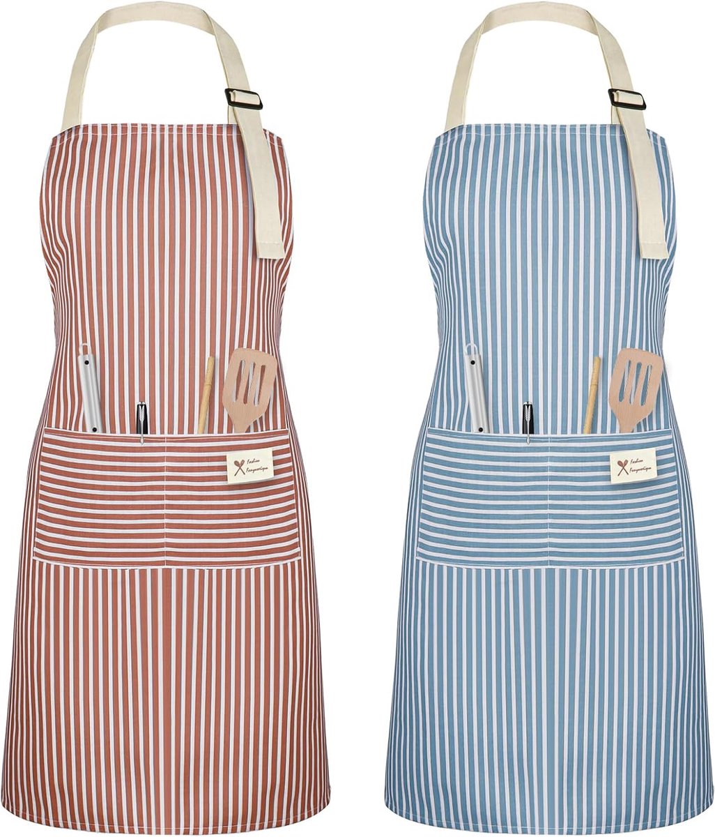 SnelShoppen - Keuken Schort Set van 2 - Waterdicht en Verstelbaar - Kookschorten met Pocket voor Tuin, Restaurant, Cafe - Unisex Rood en Blauw