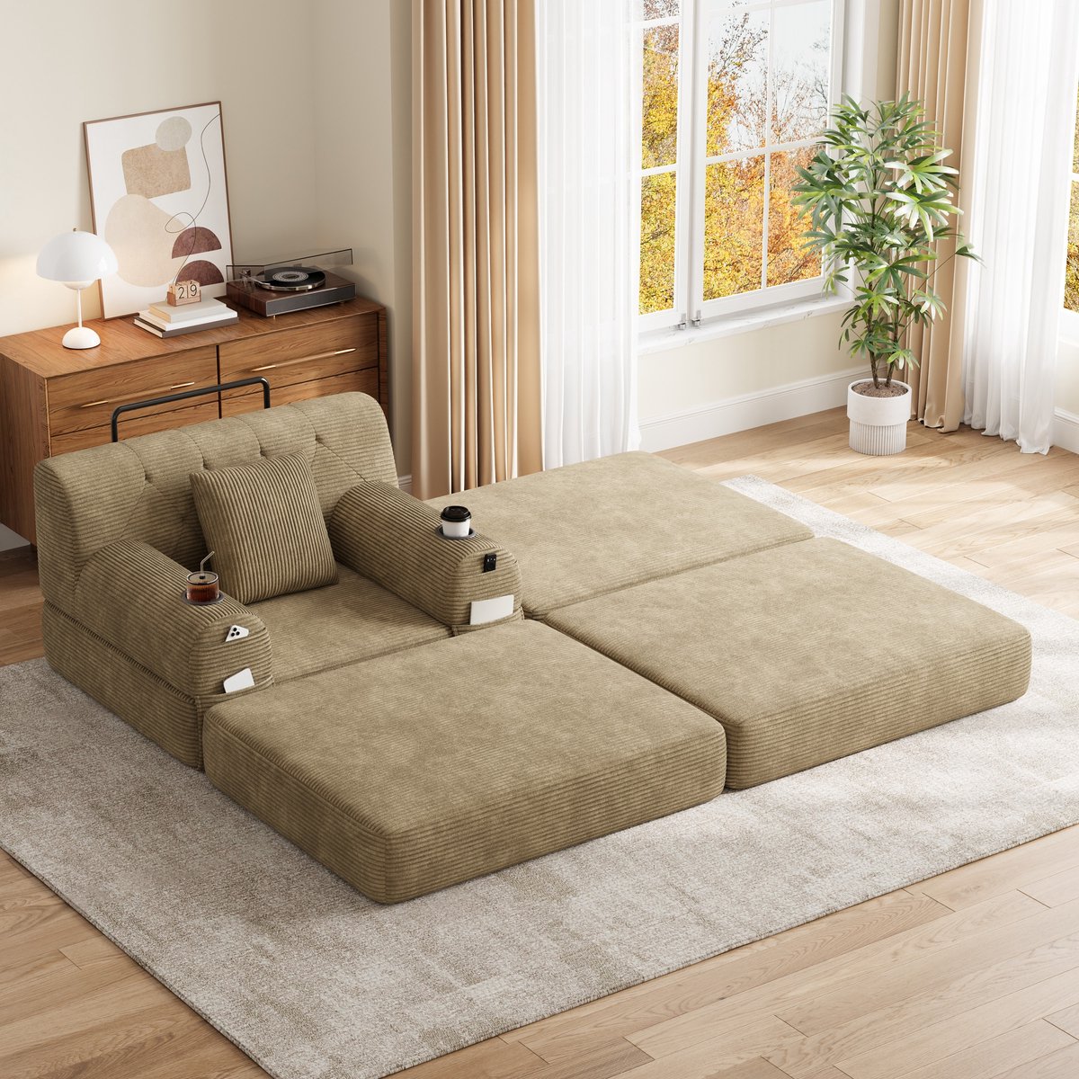 STILVORA Fauteuil 107 X 162 X 81 Cm - 1-Zits Slaapfauteuil Met Hocker En Bekerhouders - Voor Woonkamer En Logeerkamer - Cord Khaki