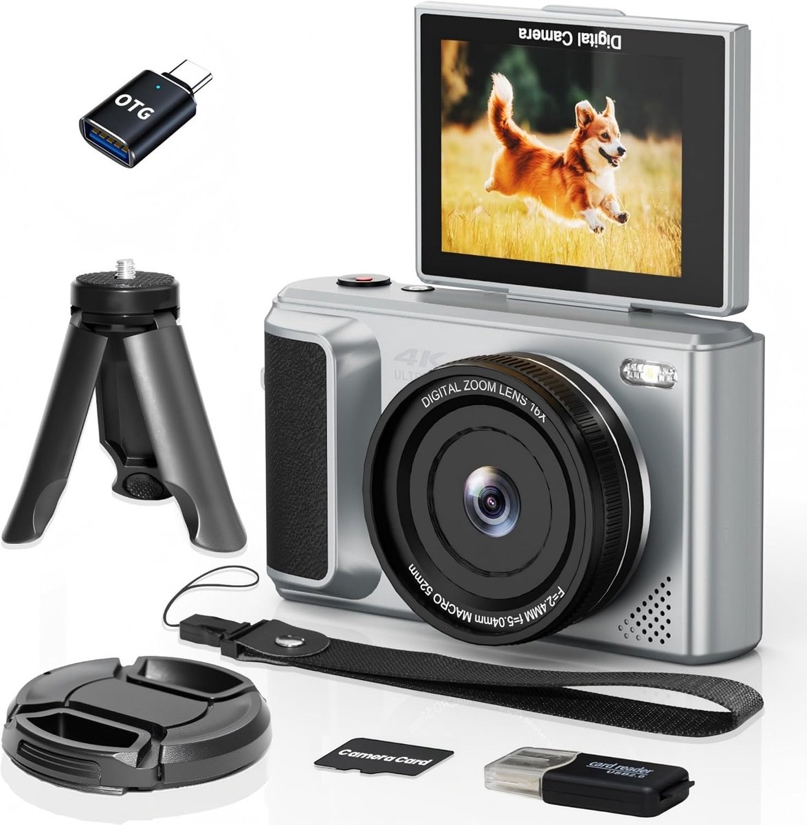 SnelShoppen - 4K Digitale Camera met 16X Zoom, 2.8" Draaiend Scherm, Autofocus, Ideaal voor Vloggen en Reizen, Inclusief Geheugenkaart en 1500mAh Accu